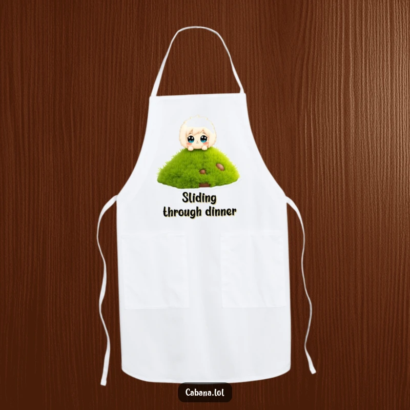 Funny apron with a fluffy character, wide eyes, sliding down a miniature grass slide.