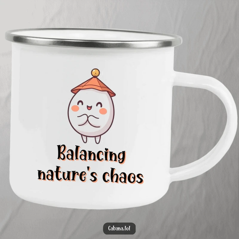 Funny camping mug with a wobbly, round character in a tiny hat, balancing a small umbrella.