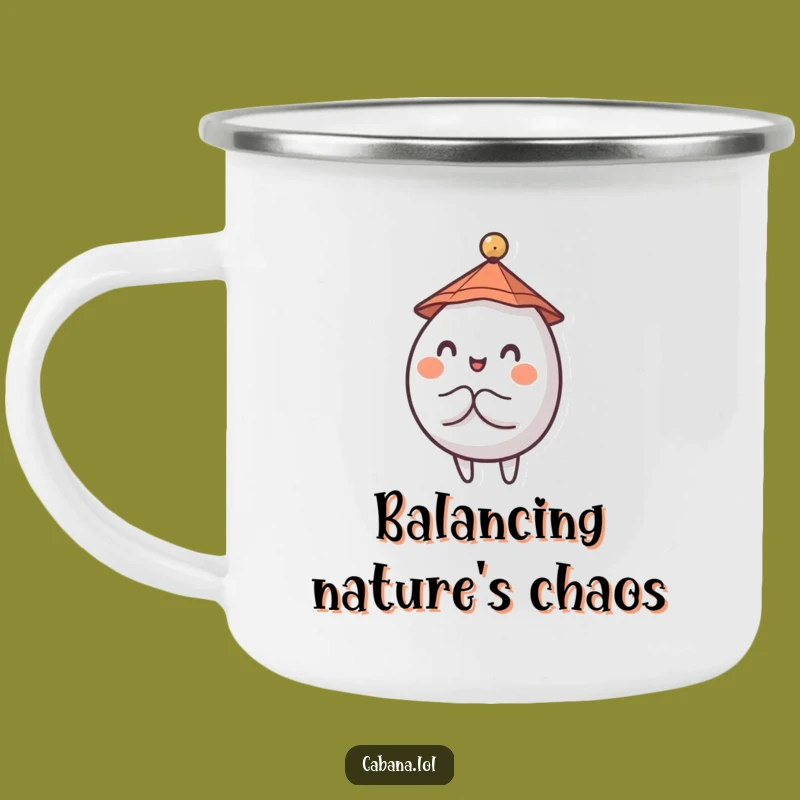 Funny Wobbly Character Camping Mug: Tiny Hat Umbrella Balance Outdoor Gift