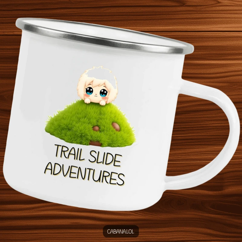 Funny camping mug of a fluffy character with wide eyes, sliding down a miniature grass slide.