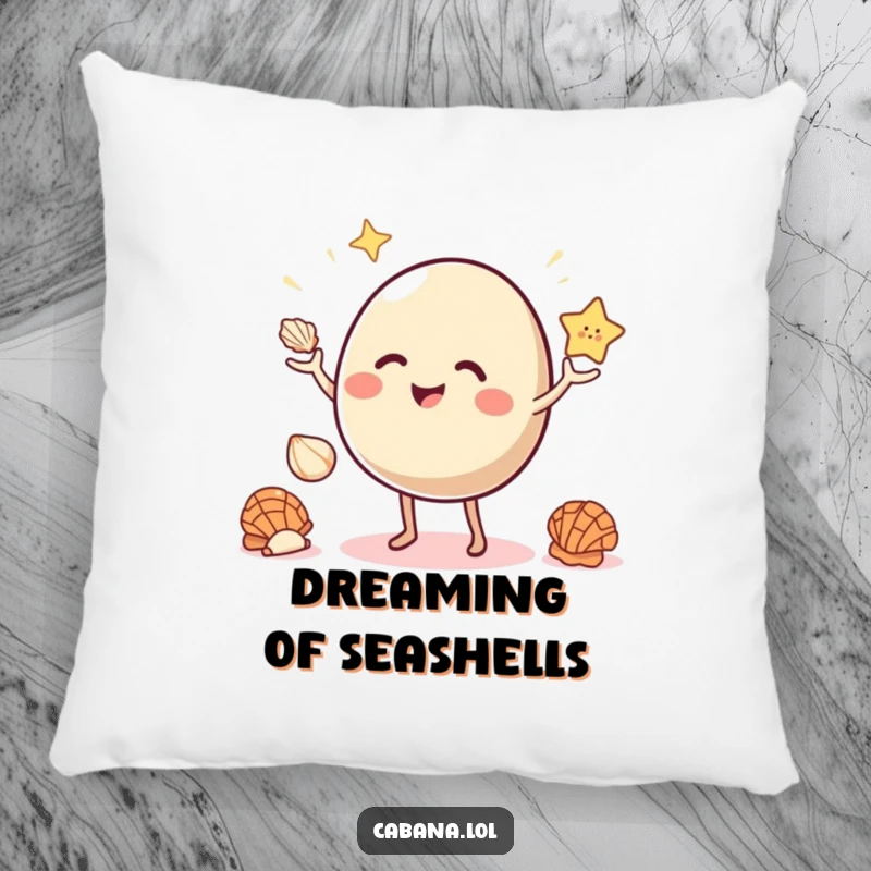 Funny pillow of a giggling, bouncy object with small legs juggling three bright seashells.