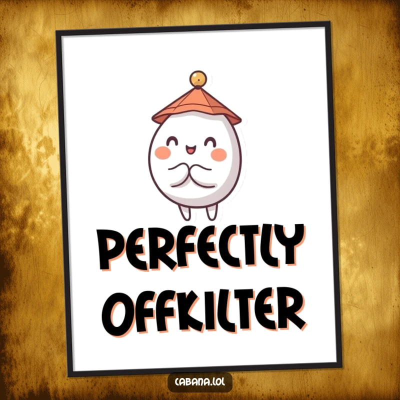 Funny digital art print of a wobbly, round character wearing a tiny hat, balancing a small umbrella.