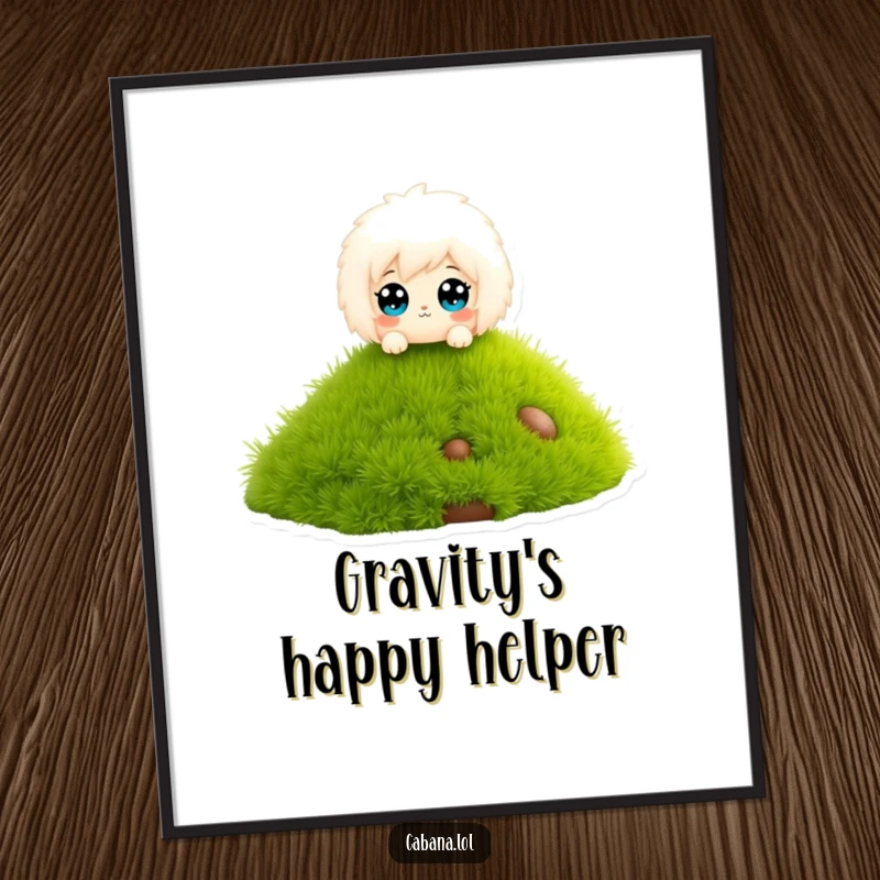 Funny digital art print of a fluffy character with wide eyes, sliding down a miniature grass slide.