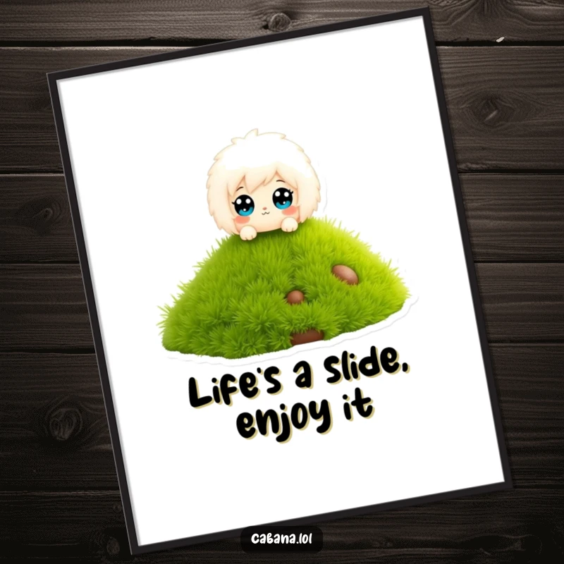 Funny Free Printable Wall Art: a wide-eyed fluffy character having a blast sliding down a miniature grass-covered slide, creating happy vibes.