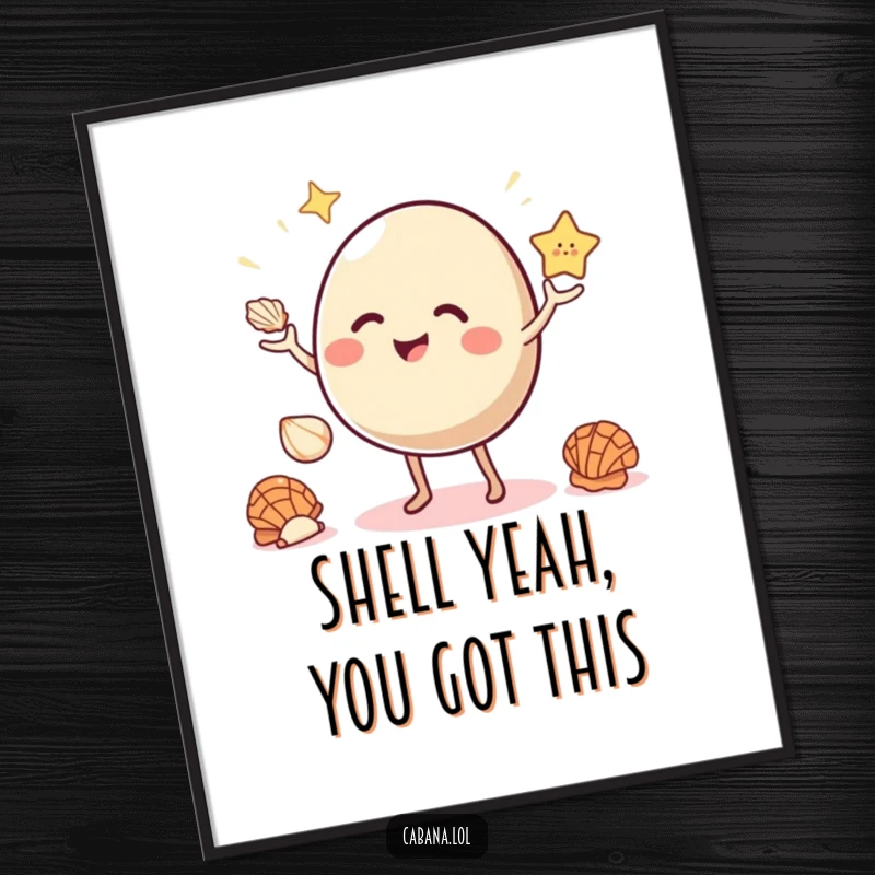 Funny Free Printable Wall Art: a joyful bouncy object with small legs, juggling three colorful seashells, adding a whimsical touch.