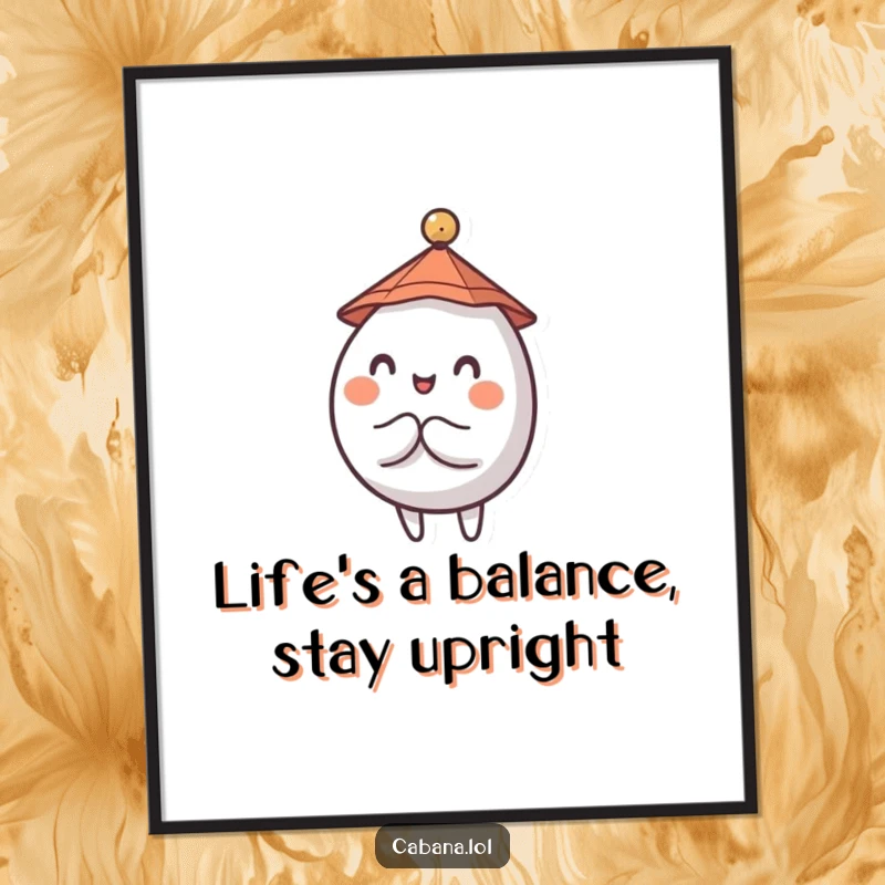 Funny Free Printable Wall Art: a whimsical wobbly character in a tiny hat, masterfully balancing a tiny umbrella, creating cheerful decor.