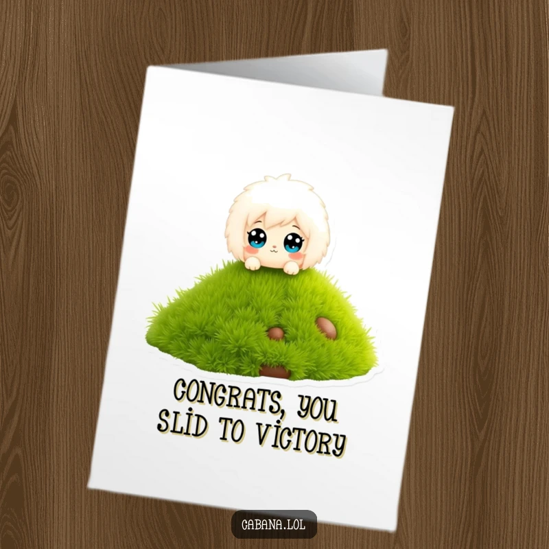 Funny Free Printable Congratulations Card: a wide-eyed fluffy character gleefully sliding down a miniature grass slide, celebrating milestones.