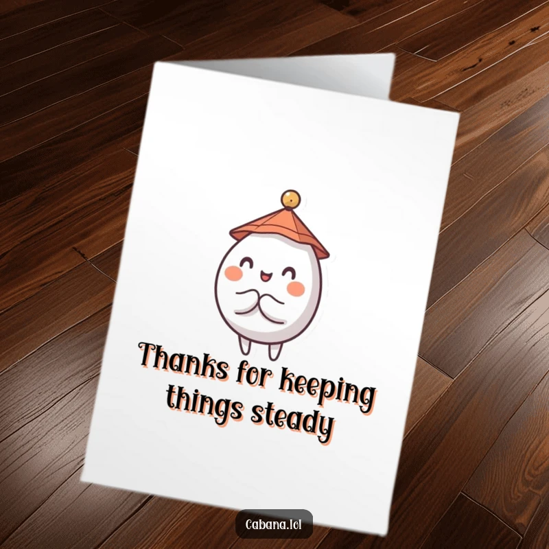 Funny Free Printable Thank You Card: a wobbly, round character with a tiny hat skillfully balancing a tiny umbrella, expressing thanks.
