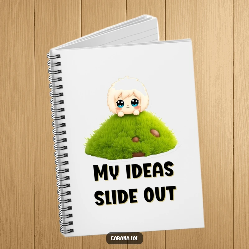 Funny notebook of a fluffy character with wide eyes, sliding down a miniature grass slide.