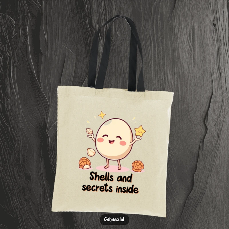 Funny tote bag with a bouncy object, small legs, giggling, juggling three bright seashells.